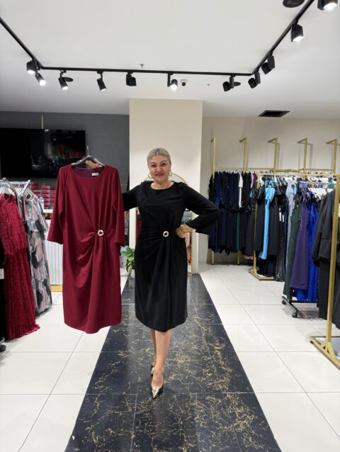 Drape Detaylı Uzun Kollu Krep Elbise