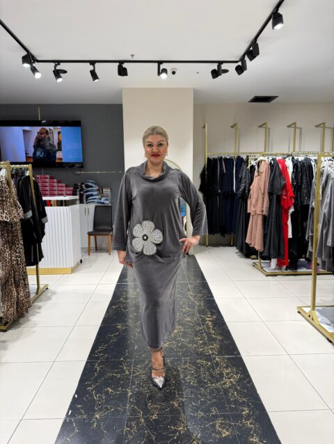 Baby Kadife Çiçek Motifli Elbise