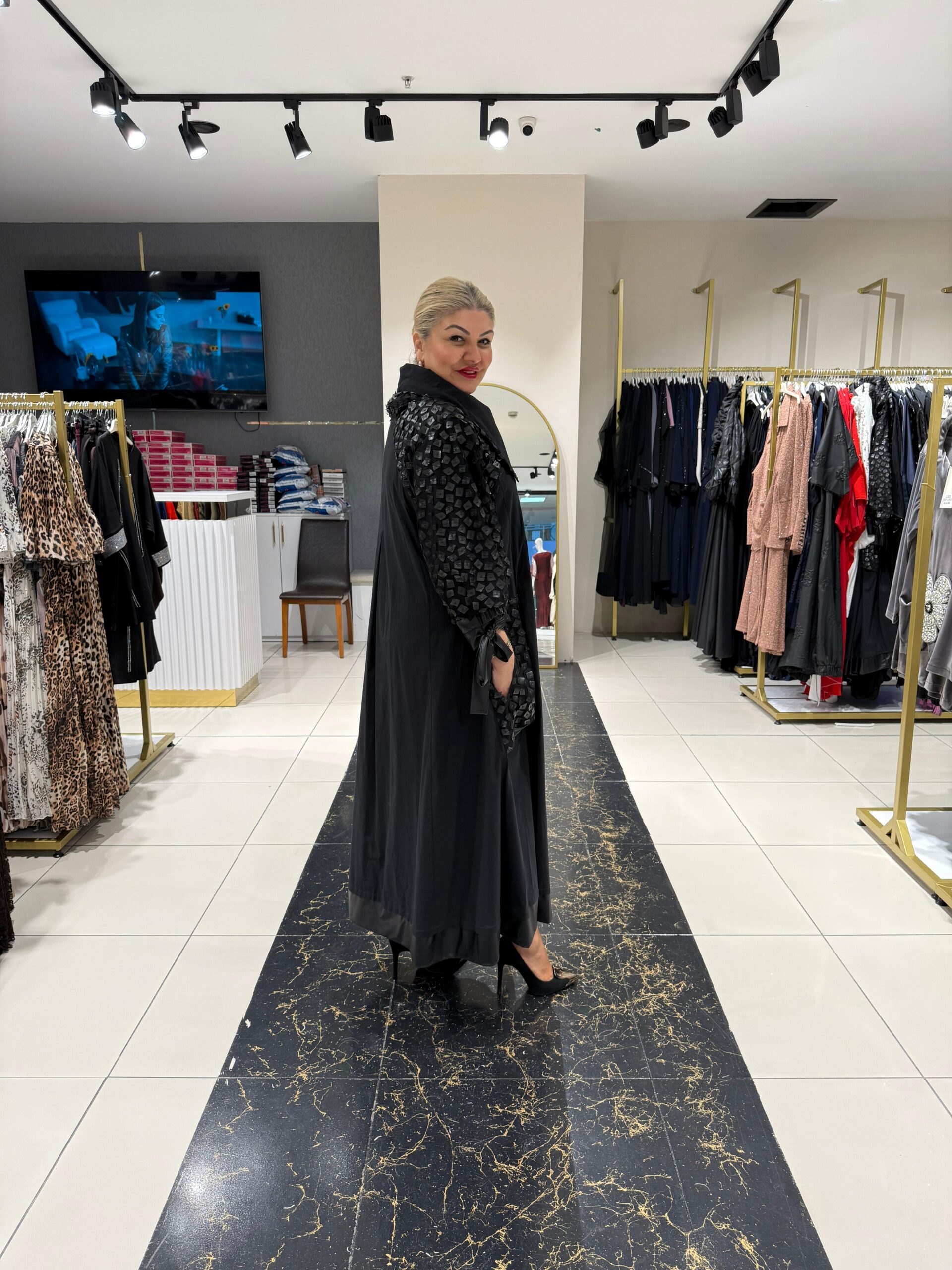 Siyah Deri Dama Detaylı Elbise - Görsel 2