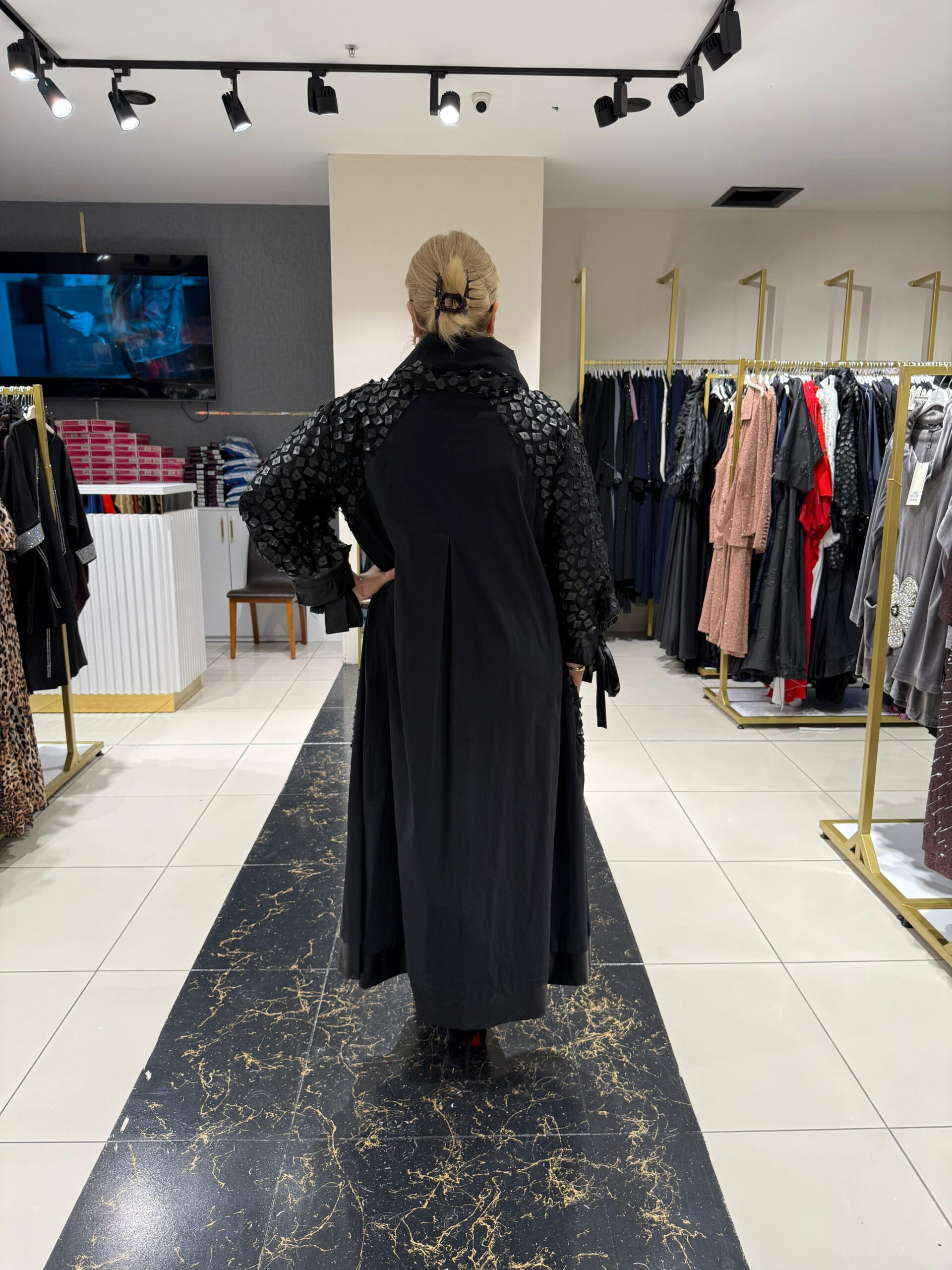 Siyah Deri Dama Detaylı Elbise - Görsel 4