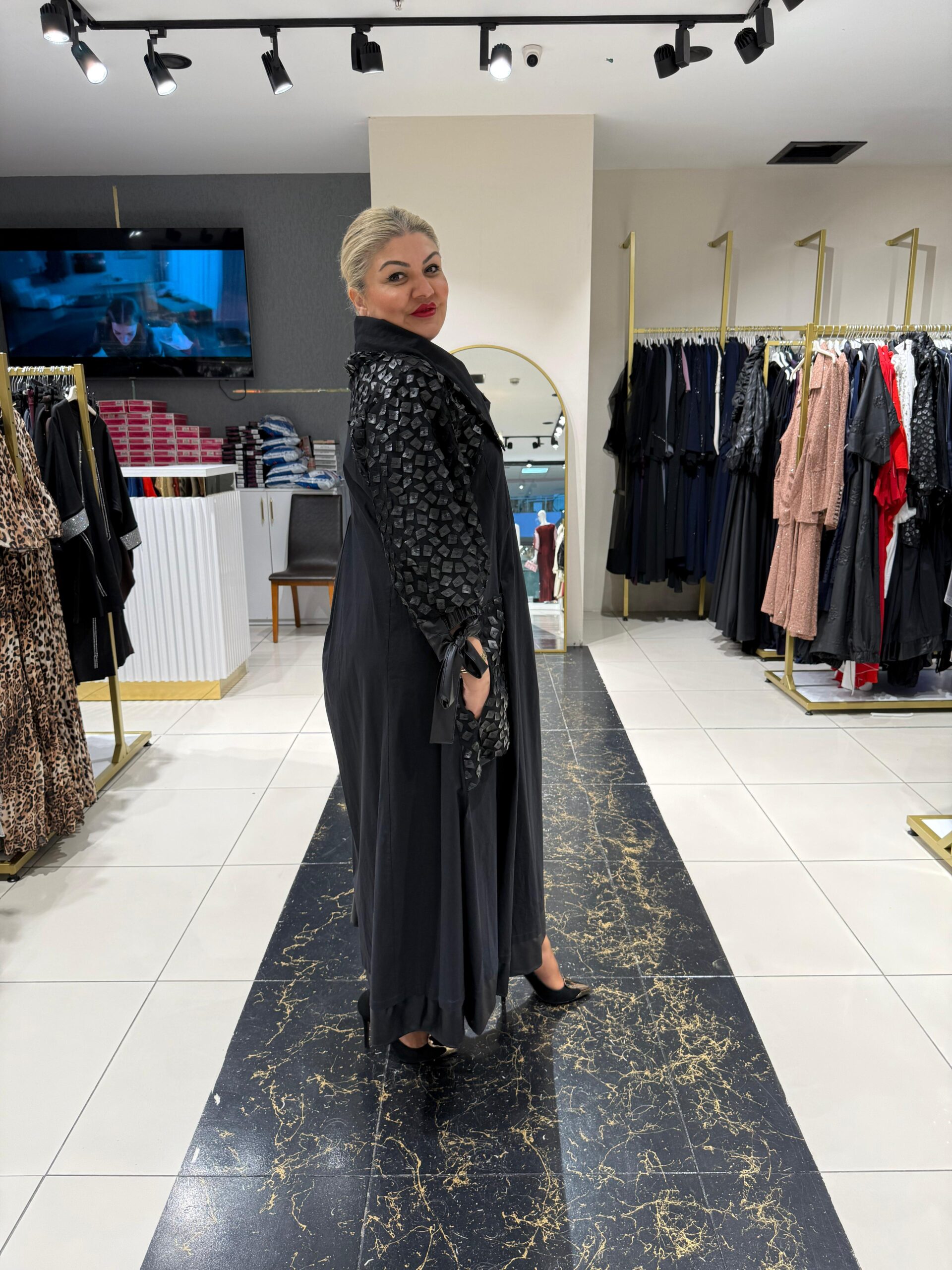 Siyah Deri Dama Detaylı Elbise - Görsel 3