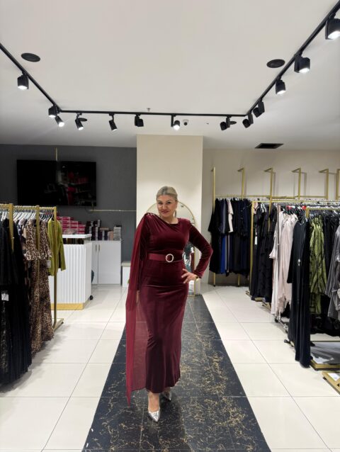 Bordo Rüya Kadife Elbise