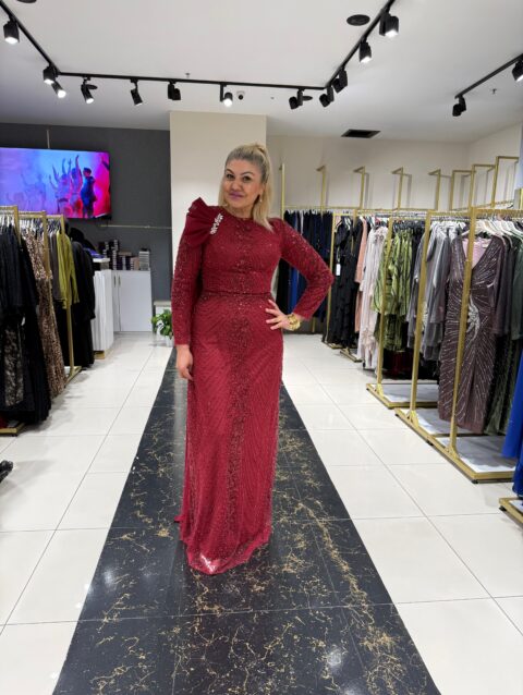 Şarap İşlemeli Abiye Elbise