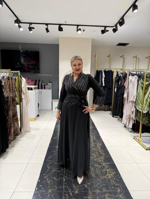 Gül Dalı Siyah Abiye Elbise