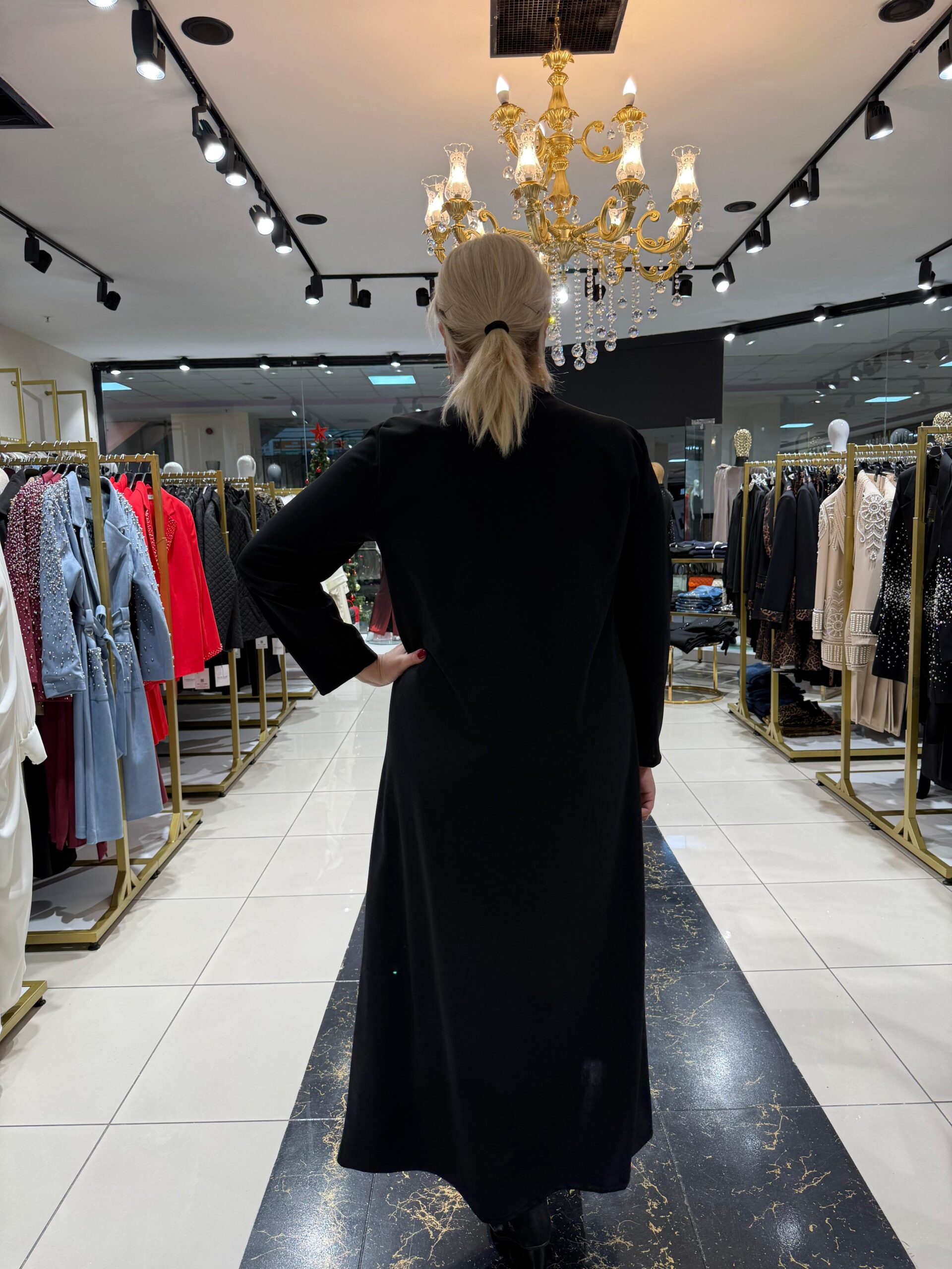 Siyah Büyük Damalı Krep Kumaş Elbise - Görsel 3