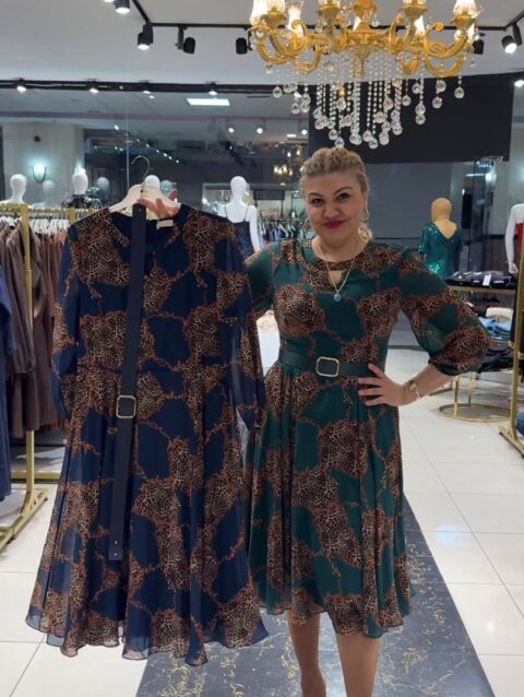 Leopar Desenli İpek Şifon Elbise